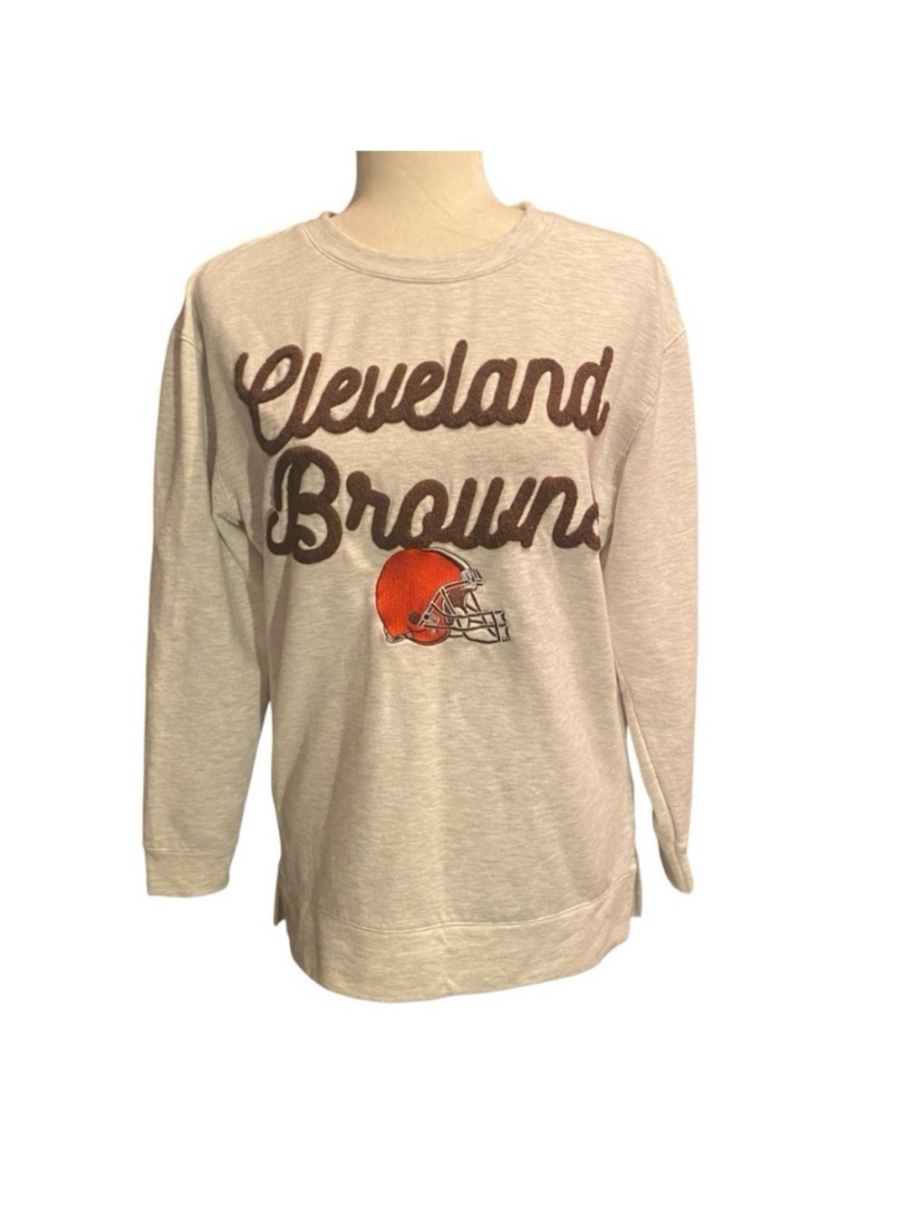 Cleveland Browns Womens Long-Sleeve Crewneck Tee - Cream with Brown & Orange